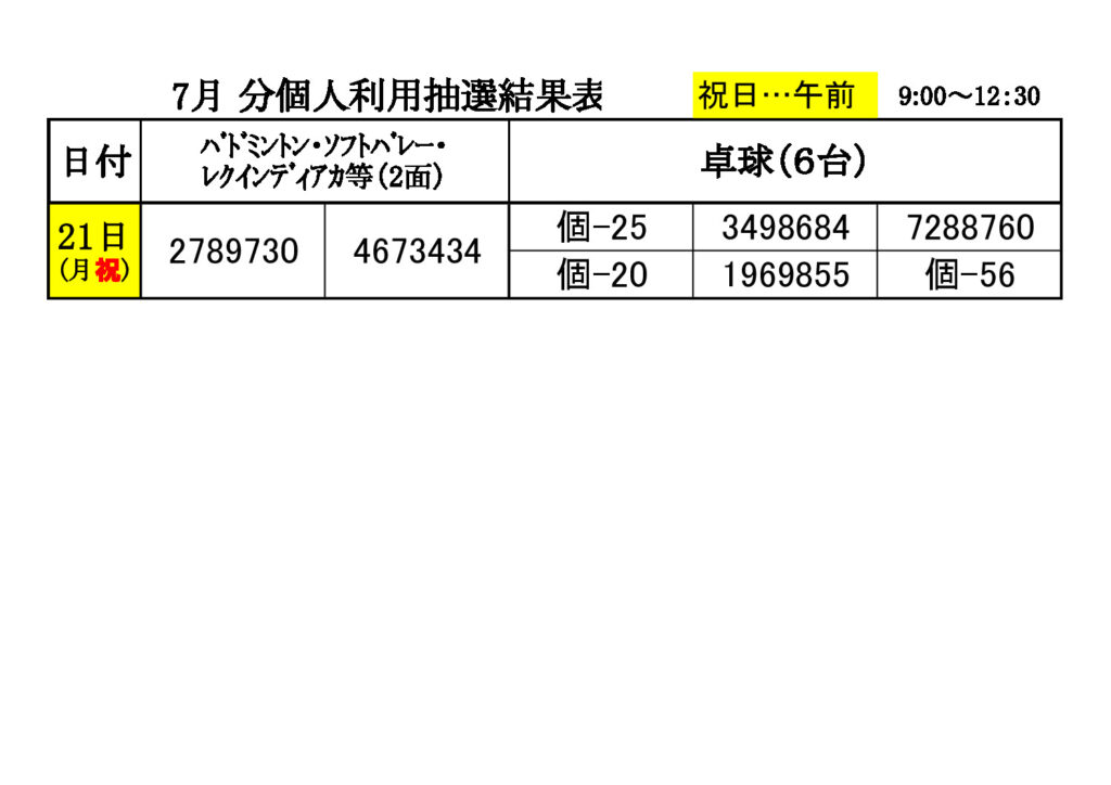 ★７月分④個人（祝日午前）抽選結果表0503のサムネイル