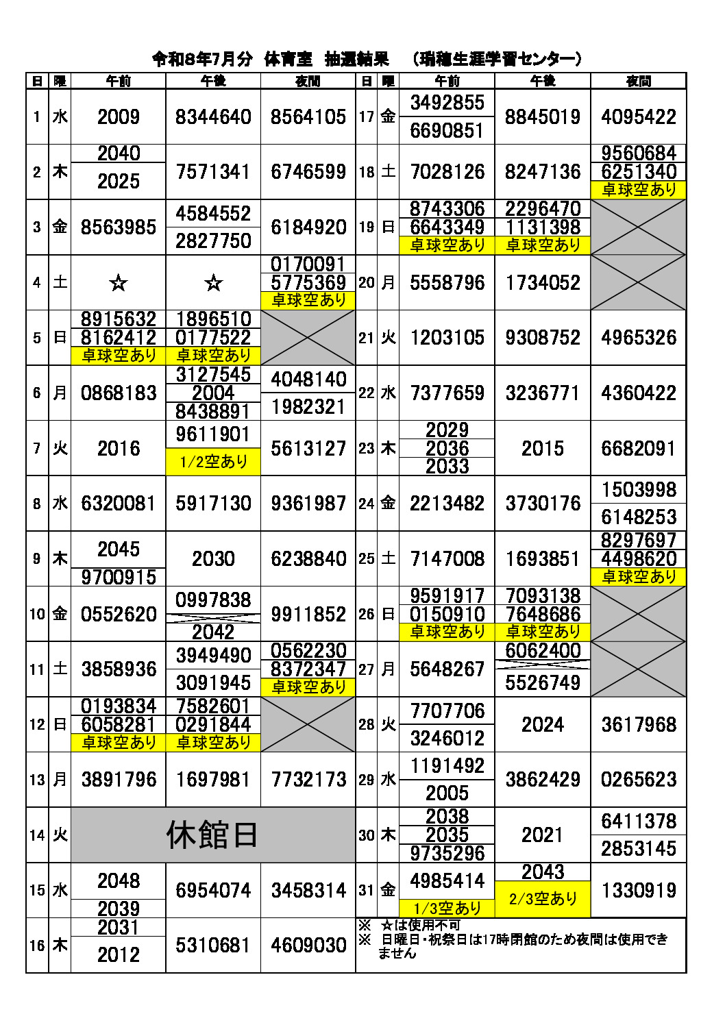 令和8年度7月分抽選結果（体育室）のサムネイル