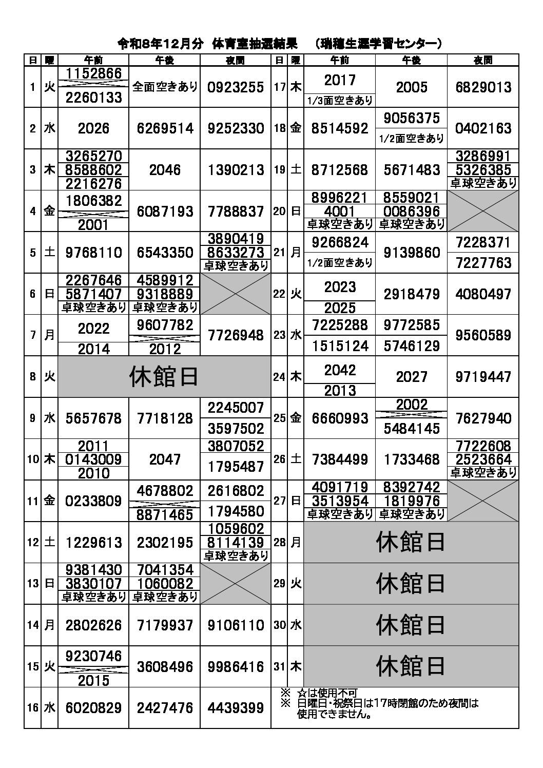 令和８年度１２月結果表（体育室）のサムネイル