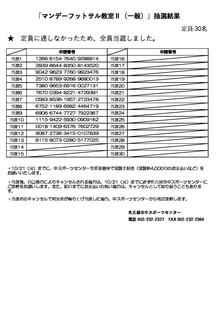 定期スポーツ教室抽選結果（マンデーフットサル教室Ⅱ一般）のサムネイル