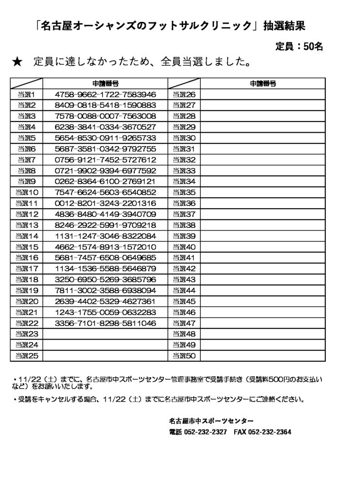 抽選結果（名古屋オーシャンズのフットサルクリニック）のサムネイル