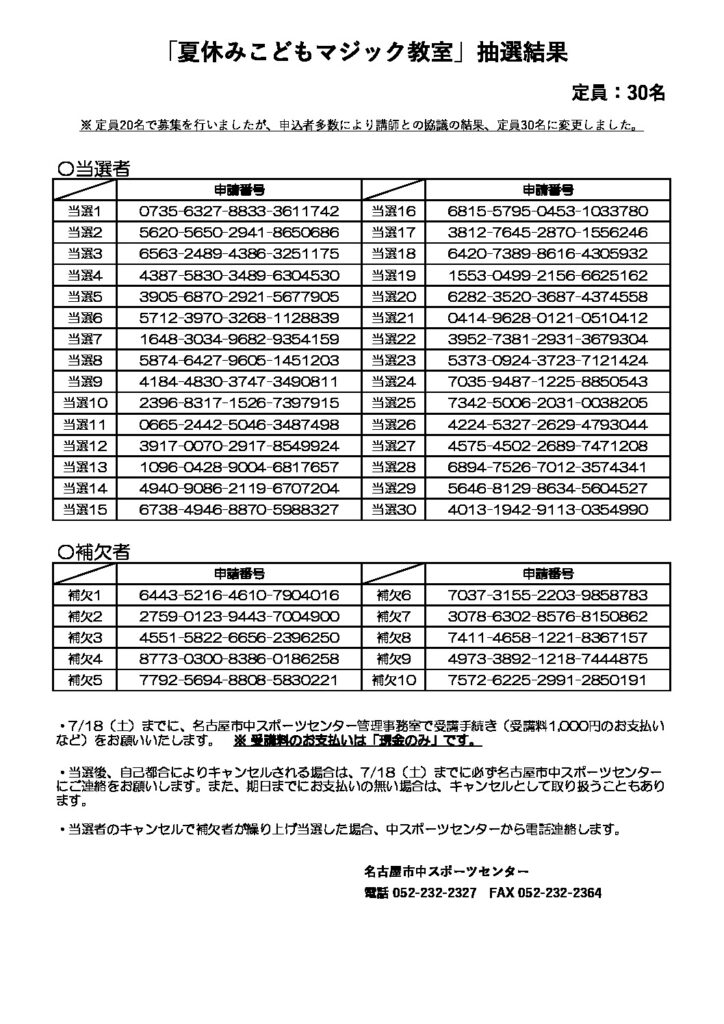 「夏休みこどもマジック教室」抽選結果のサムネイル