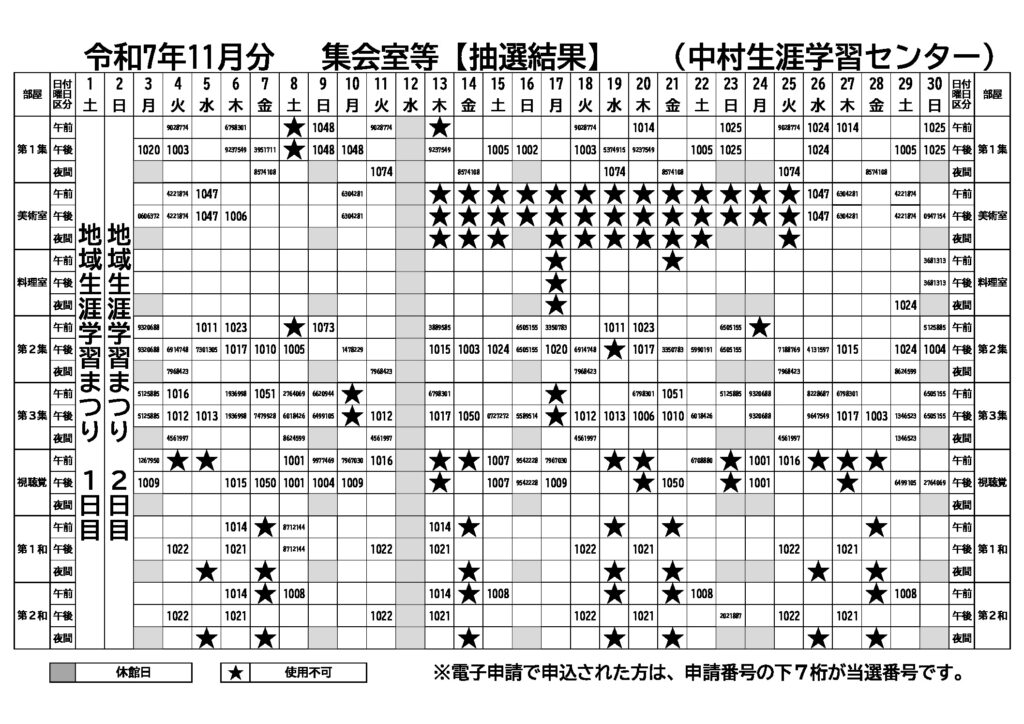 令和7年11月利用分　集会室抽選結果A3（中村生涯）のサムネイル